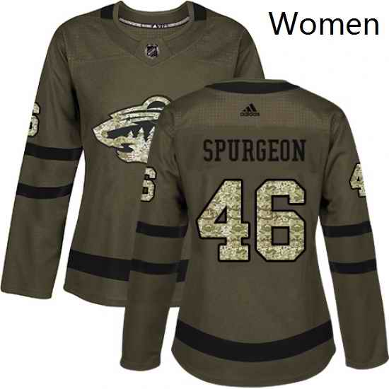 Womens Adidas Minnesota Wild 46 Jared Spurgeon Authentic Green Salute to Service NHL Jersey